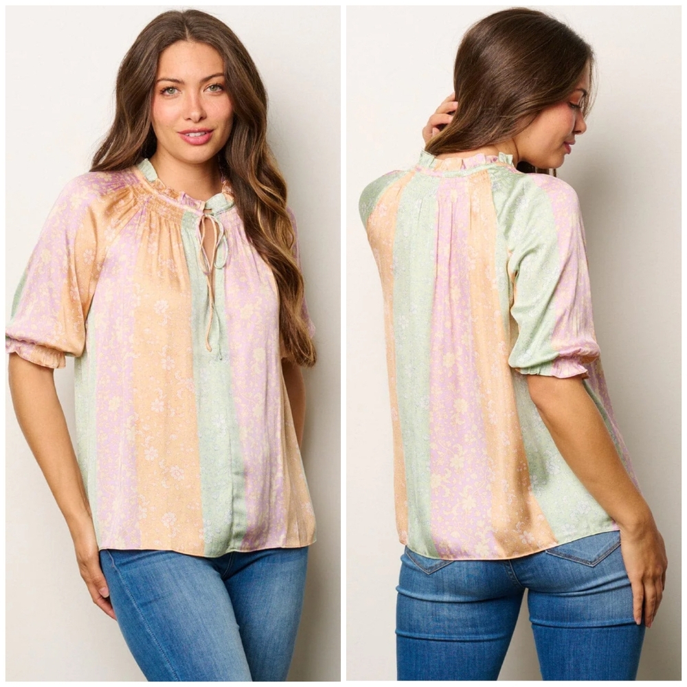 CURRENT AIR Anthropologie Color Block Floral Short Sleeves Relaxed Fit B… - Picture 1 of 5